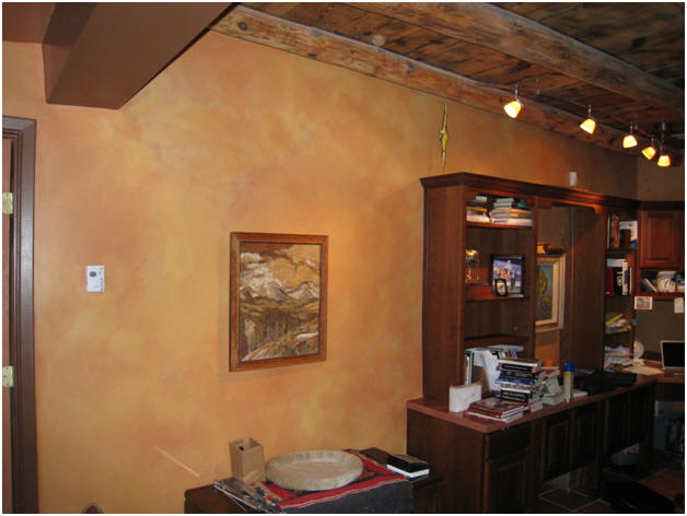 Two-color Aged leather finish in Bronitsky home library, Bernalillo, NM